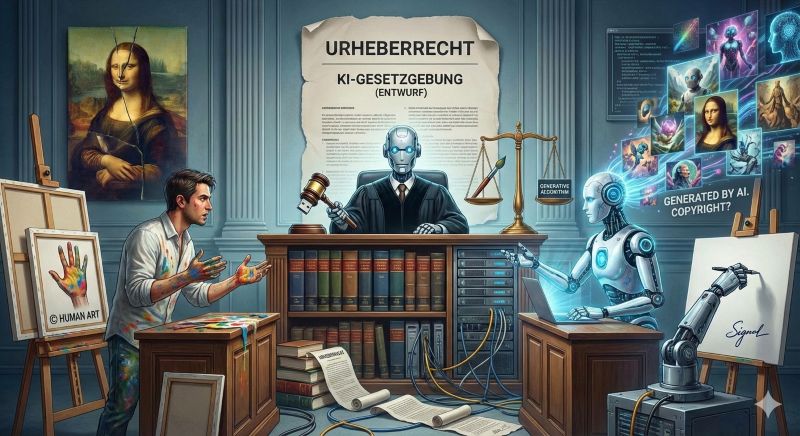 KI-erzeugtes Bild: Gerichtssaal, menschlicher Künstler und auf der Gegenseite ein Roboter. Richter am Tisch mit Büchern und digitalem Anschluss.